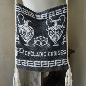 Vintage Greek Travel Souvenir Dark Grey Woven Rayon Cloth Crossbody Shoulder Bag
